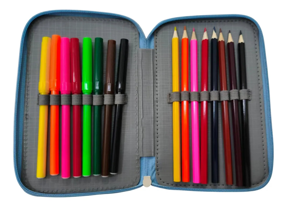 Cartuchera Escolar Argentina 2 Pisos Con Útiles Sl6802 Shine Celeste