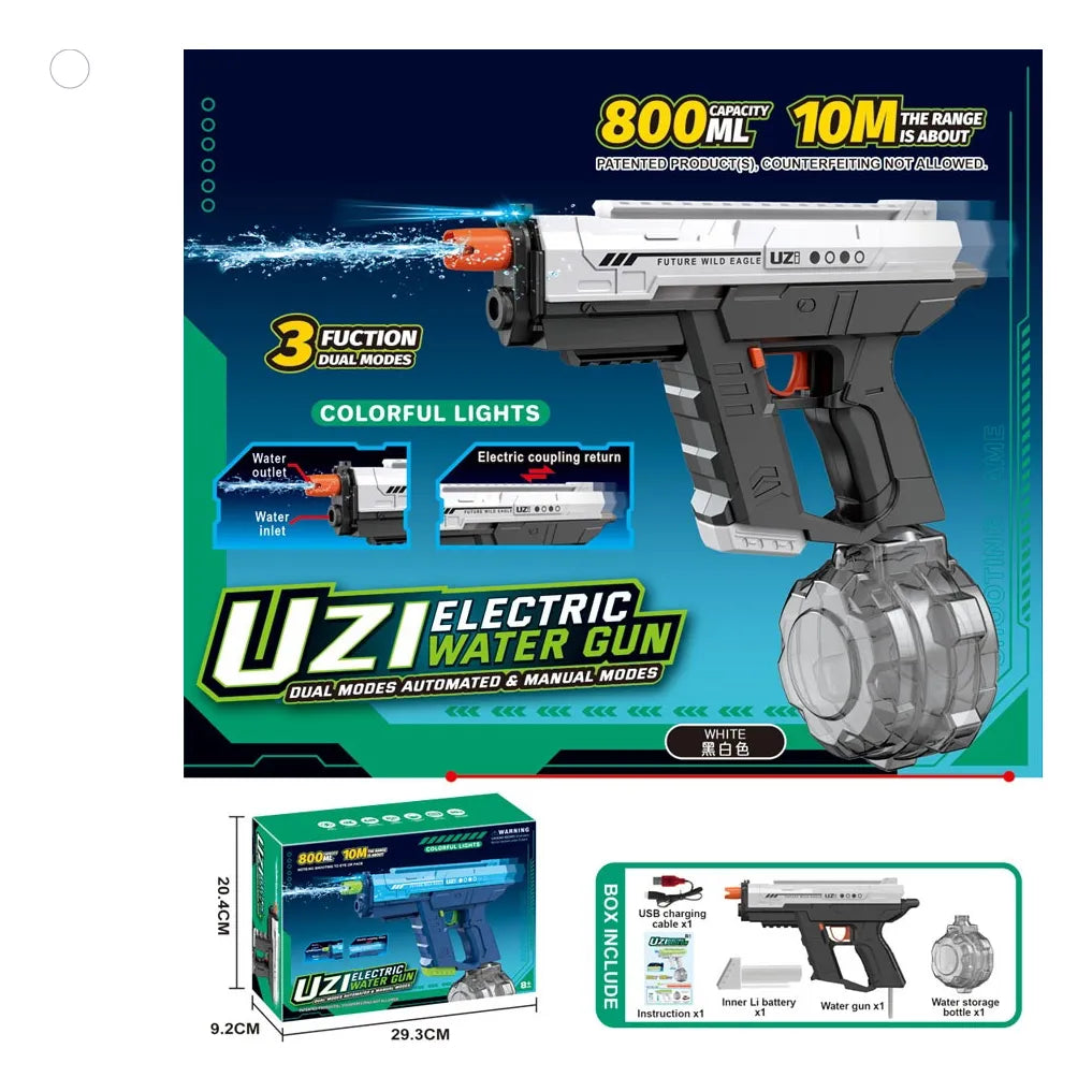 Pistola Uzi De Agua Recargable Luz Eléctrica Kb1323 Shine Negro