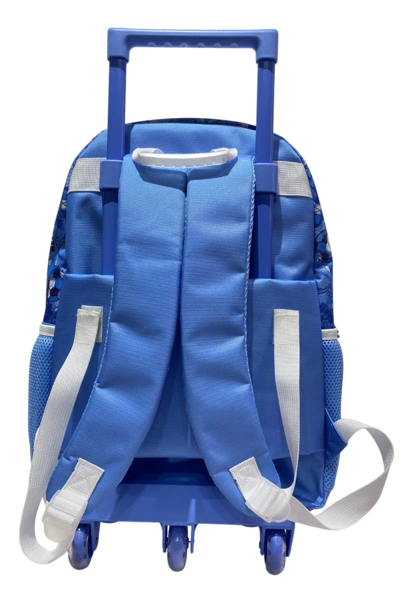 Mochila Carrito Escolar Futbol 18 Pulgadas Zykl003 Shine Celeste Y Blanco
