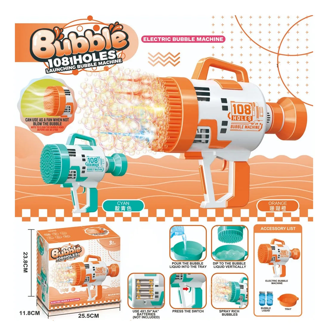Pistola Burbujero Con Luces Automática Recargable Kb1142 Naranja Shine