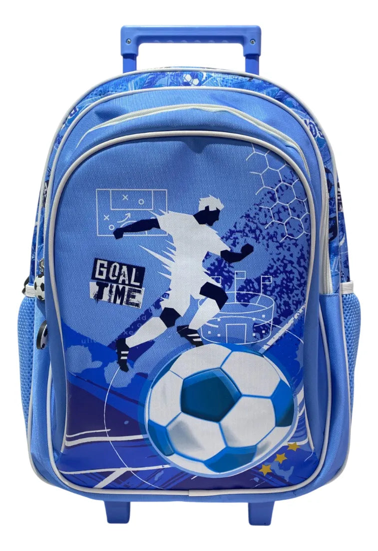 Mochila Carrito Escolar Futbol 18 Pulgadas Zykl003 Shine Celeste Y Blanco