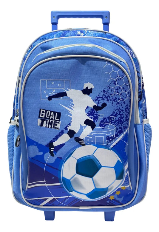 Mochila Carrito Escolar Futbol 18 Pulgadas Zykl003 Shine Celeste Y Blanco