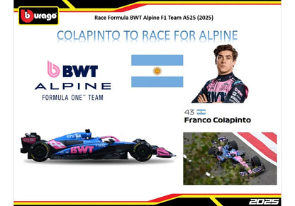 Bburago 1:43 Alpine F1 Team A525 2025 Box + Piloto #43 COLAPINTO 18-38258