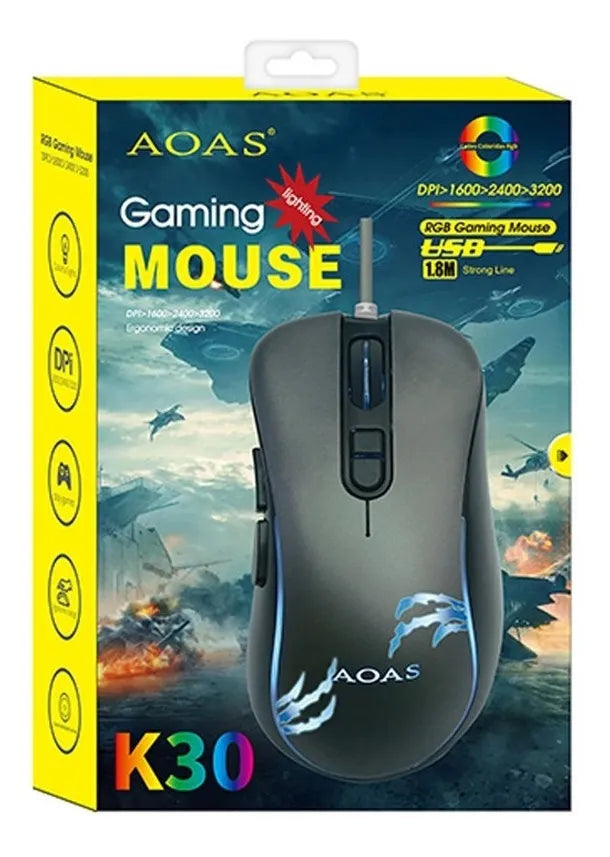 Mouse Gamer Aoas Usb 1.8m Rgb Luz K30 2064209 Shine Negro
