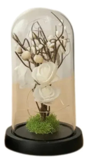 Rosas Flor Artificial Cupula Con Luz 21cm Kl791 Blanco