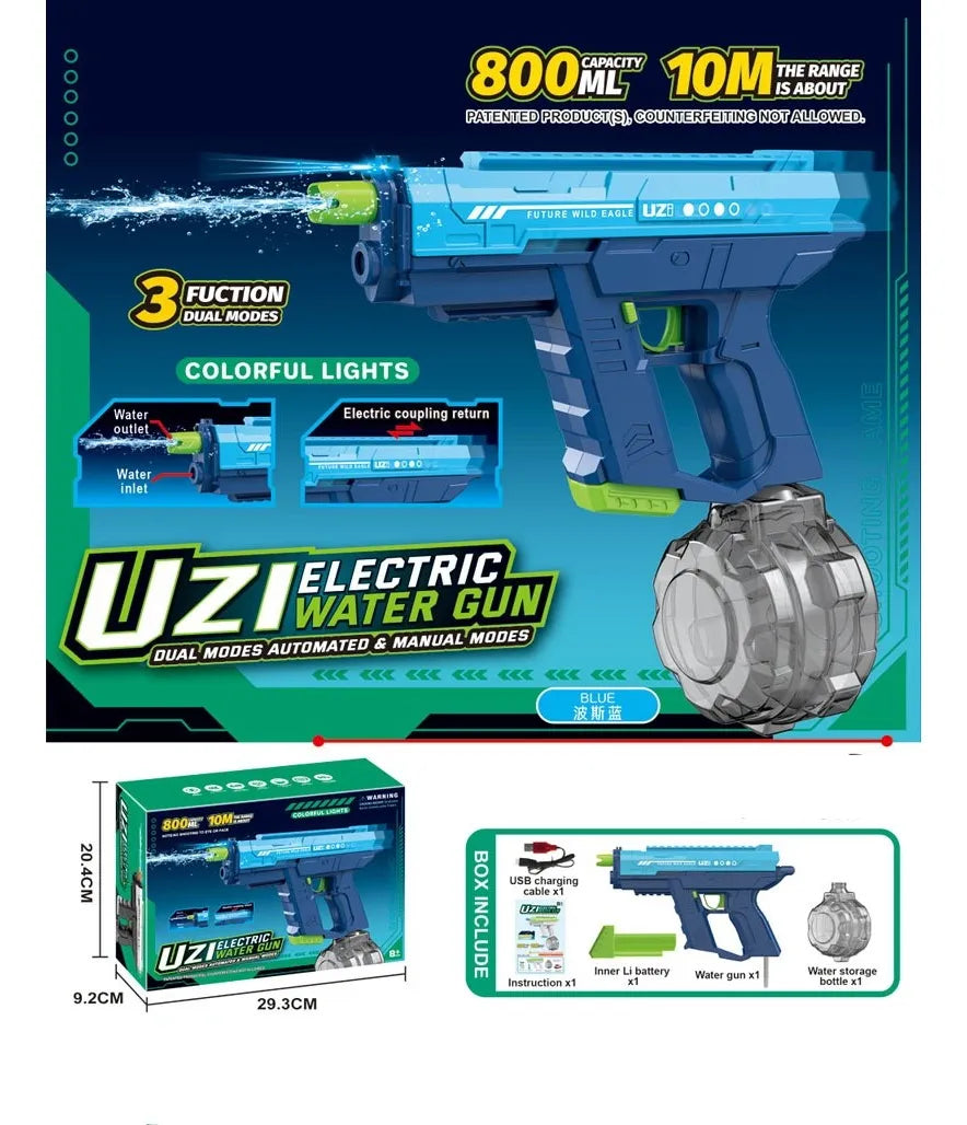 Pistola De Agua Uzi Luz Eléctrica Recargable Kb1323 Shine Azul