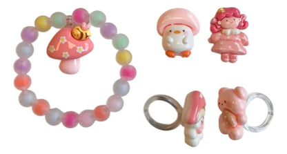 Set Bijou Infantil Kawaii Pulsera Aros Y Anillos Kl326