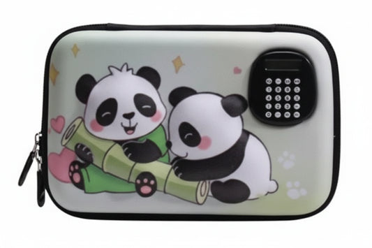 Cartuchera Escolar 3d Pandas Con Calculadora Kl1338 Shine Negro
