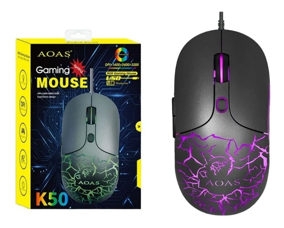 Mouse Gamer Aoas Usb 1.8m Rgb Luz K50 206421 Shine Negro