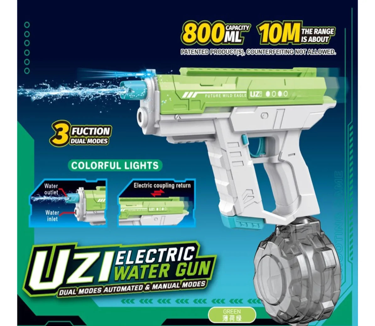 Pistola De Agua Recargable Uzi C/ Luz Eléctrica Kb1323 Shine Verde