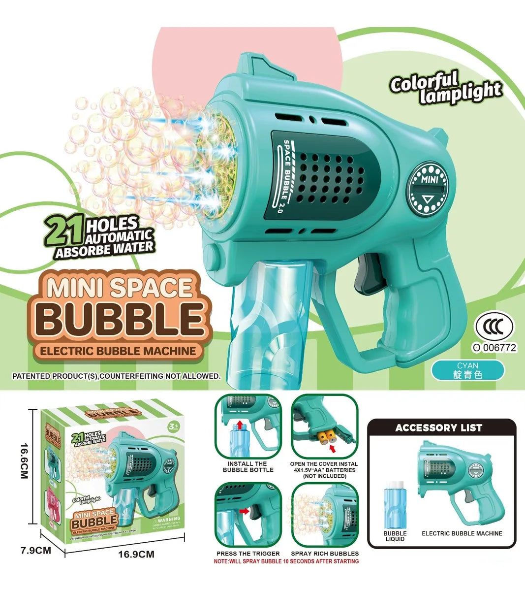 Mini Pistola Burbujero Luces Automática A Pila Kb1322 Shine Azul
