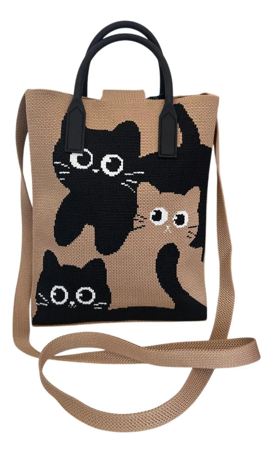 Bandolera Mini Tote Con Manijas Y Correa Sl2302 Shine Marron Con Gatitos