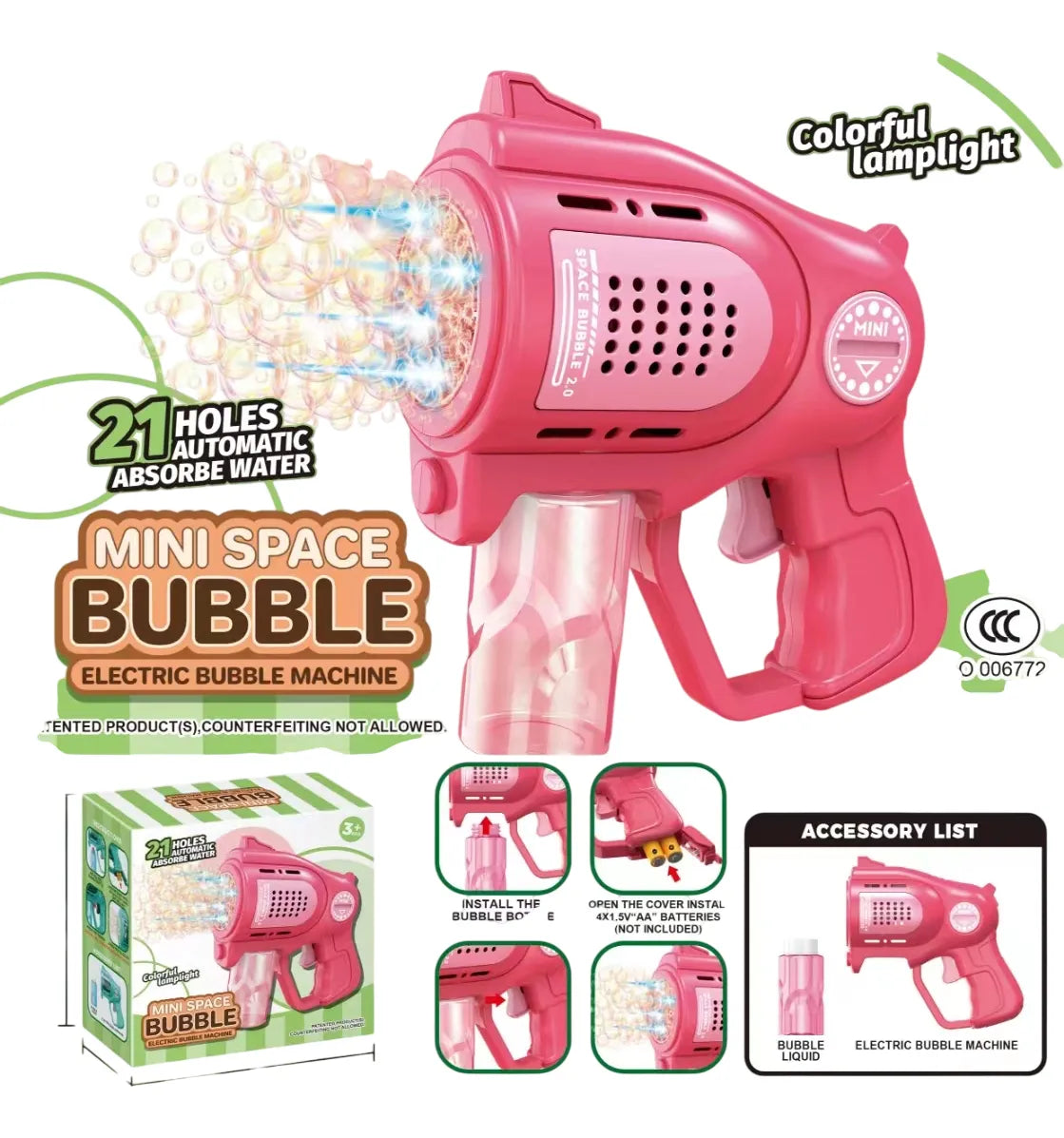 Burbujero Mini Pistola Luces Automática A Pila Kb1322 Shine Rosa